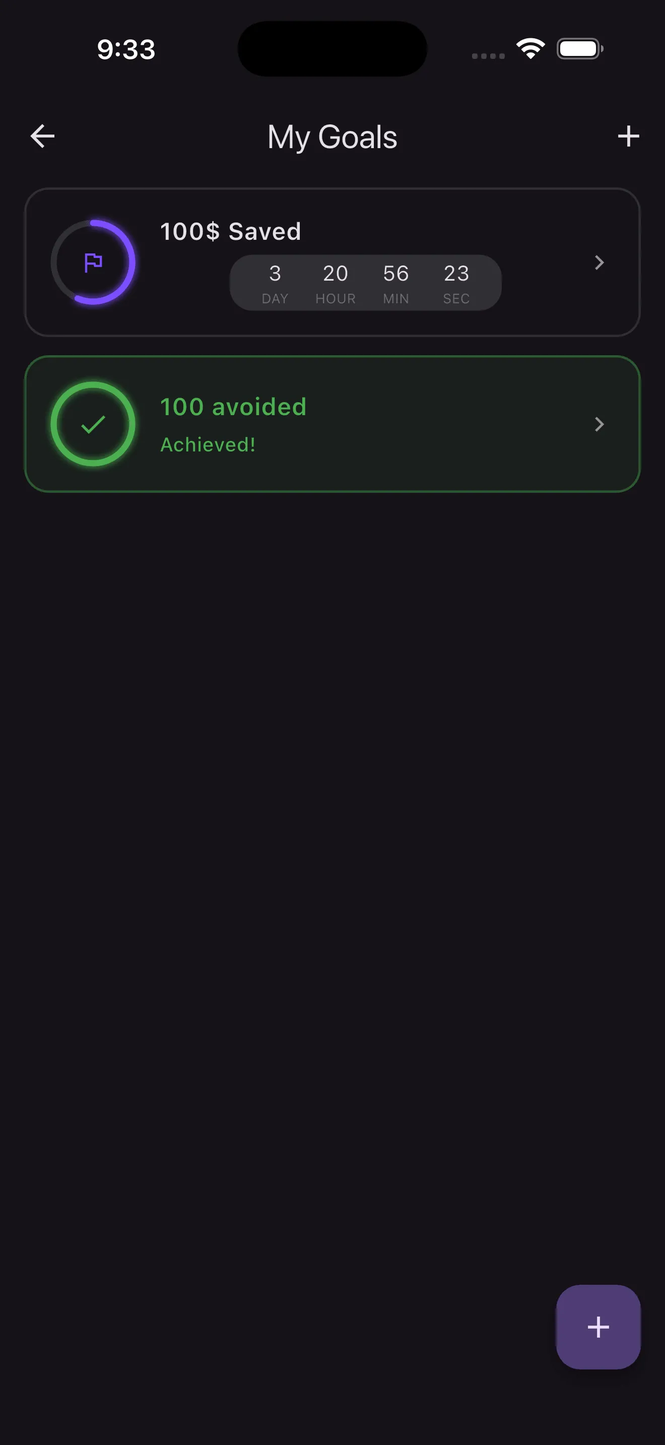 SmokeFree Timer Pro goals screen displaying quit smoking targets, achievements, and personal progress milestones.