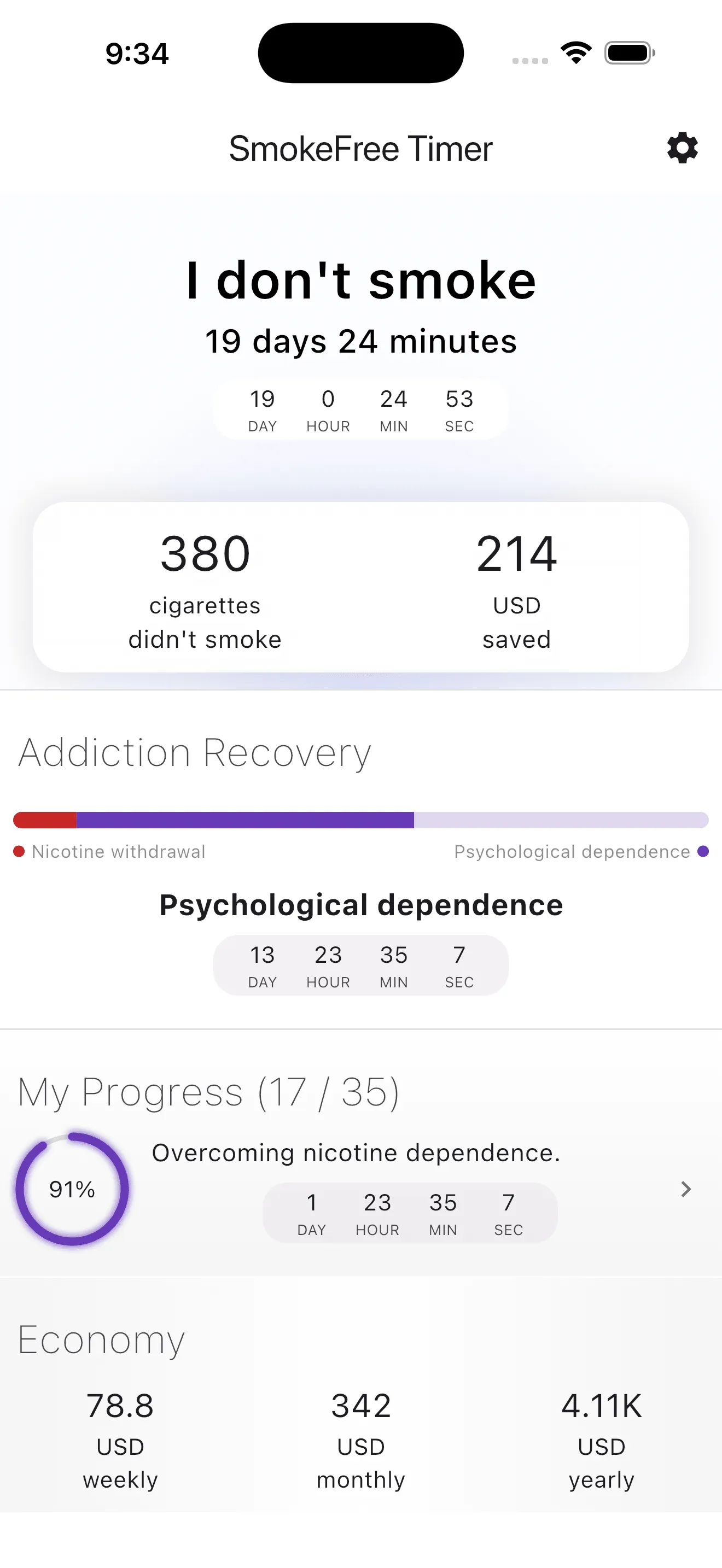 SmokeFree Timer Pro main screen in light theme with quit smoking statistics and progress tracking.