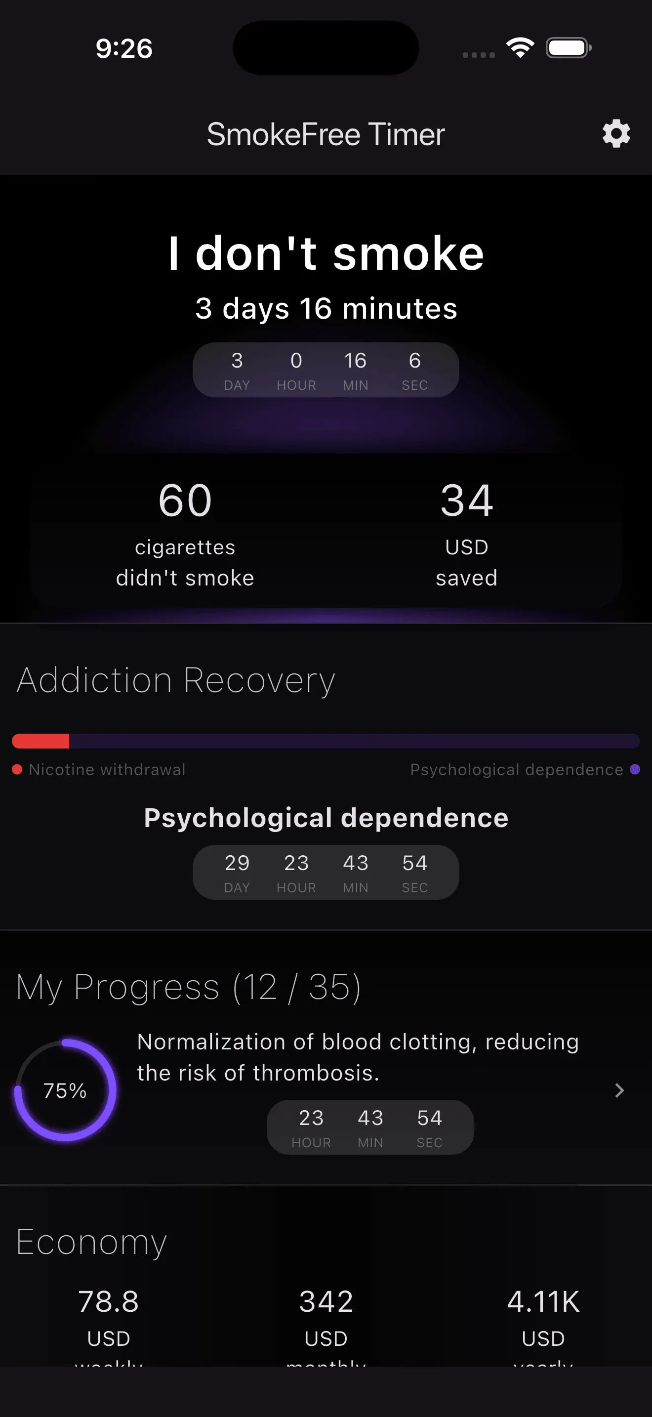 SmokeFree Timer Pro main screen with quit smoking tracker, smoke-free time, money saved, and health milestones.