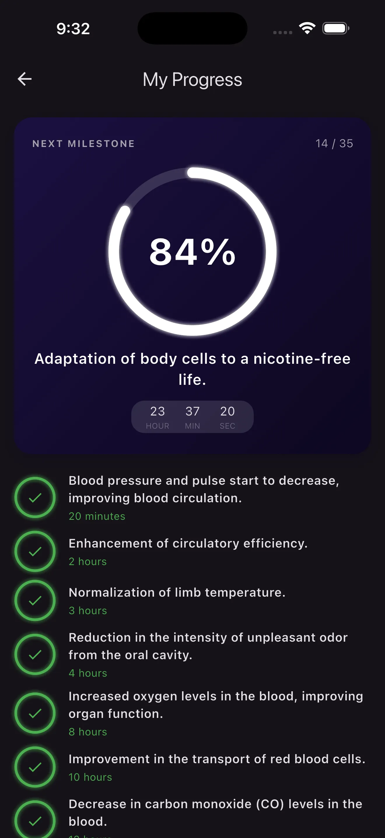 SmokeFree Timer Pro health recovery screen showing nicotine reduction, lung recovery progress, and health milestones after quitting smoking.