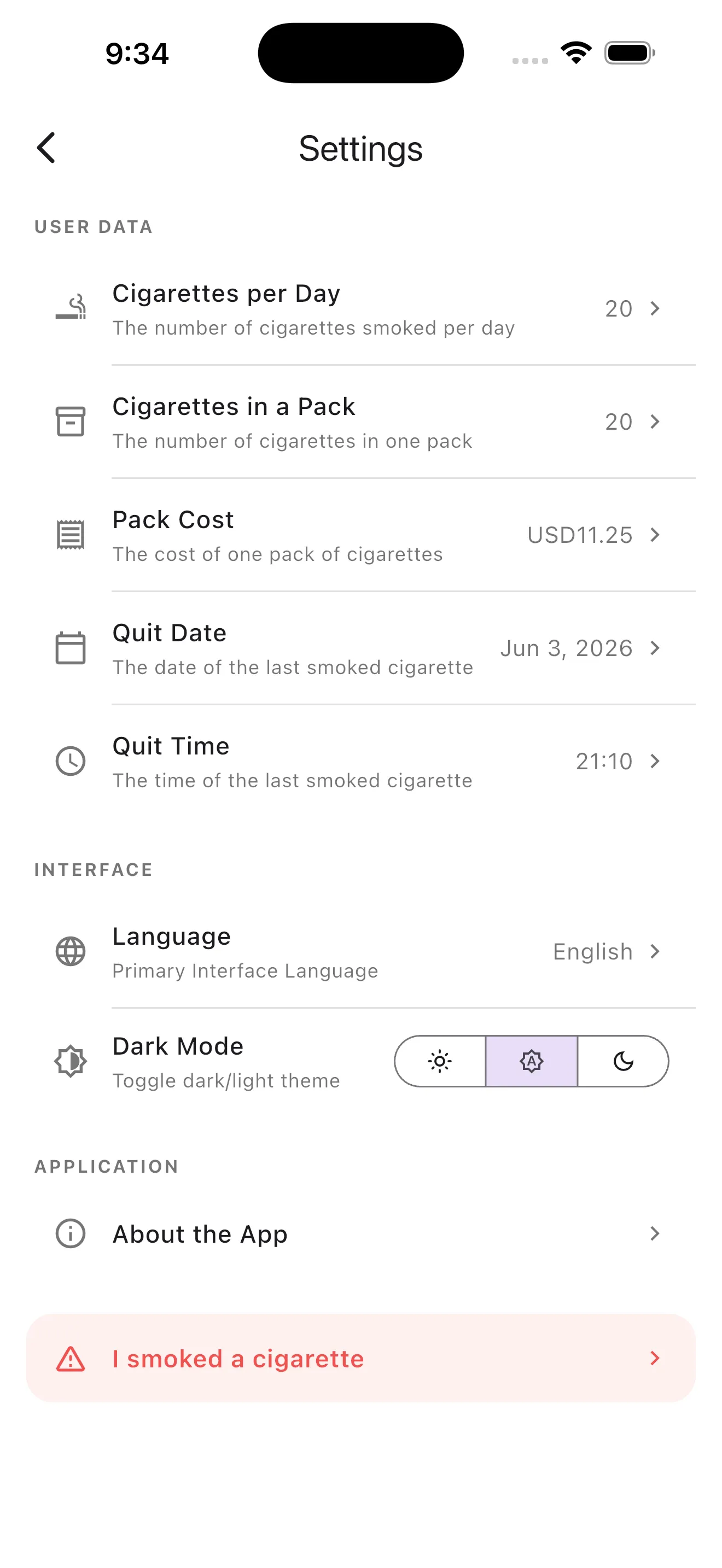 SmokeFree Timer Pro settings screen with smoking habits, profile preferences, notifications, and app configuration options.