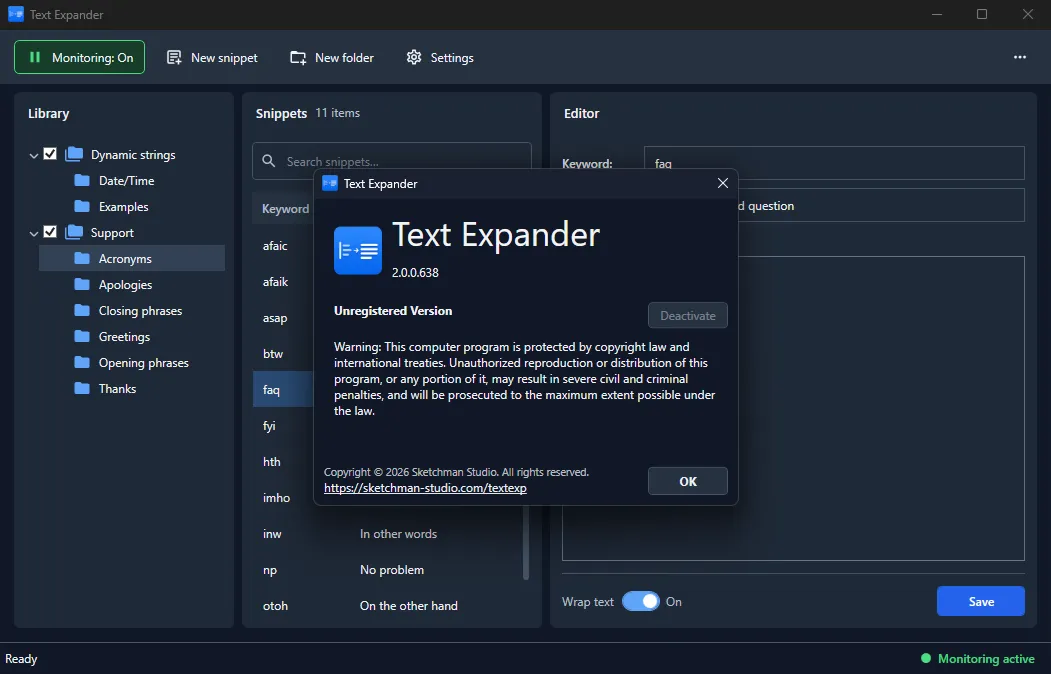 TextExp About window displaying application version, license status, copyright information, and product details.