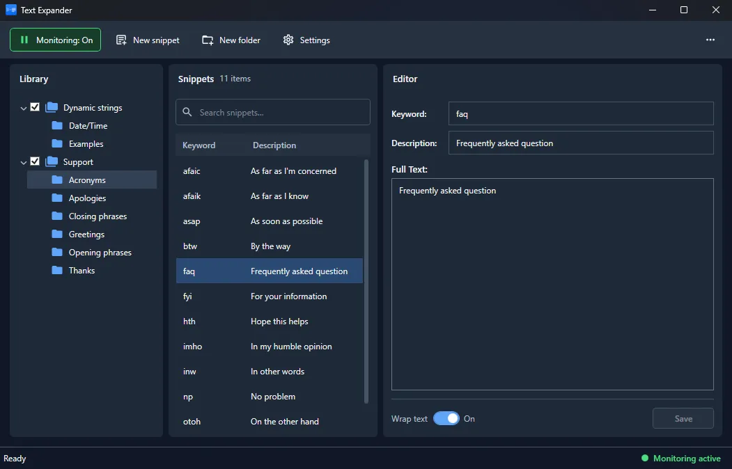 TextExp text expander for Windows showing an organized snippet library, keyword search, and text template editor