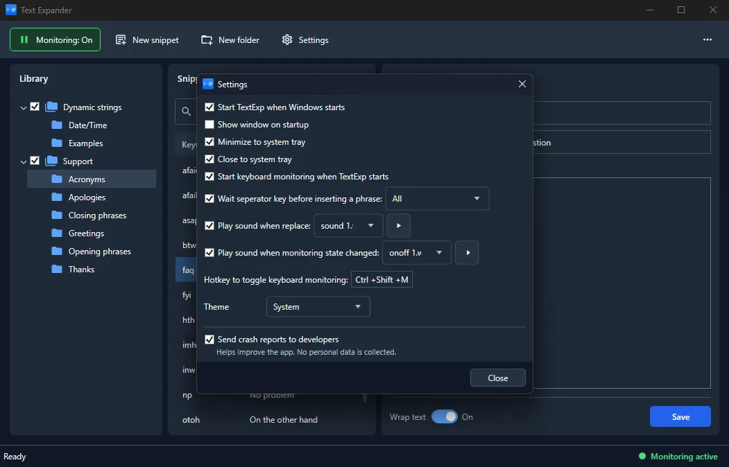 TextExp settings for Windows startup, system tray behavior, keyboard monitoring hotkey, themes, and notification sounds