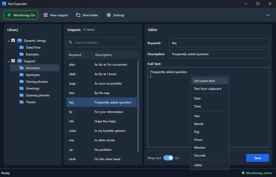 TextExp snippet editor with dynamic variables, date and time placeholders, clipboard insertion, and automatic text expansion.