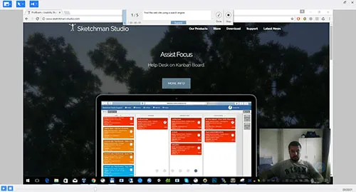 Usability Studio session viewer with synchronized screen and webcam video, mouse click highlighting, and audio controls