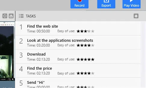 Usability Studio test scenario editor with ordered participant tasks and automatic task completion timing