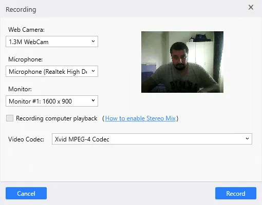 Usability Studio screen recording setup with desktop capture, participant webcam, mouse activity, microphone, and system audio