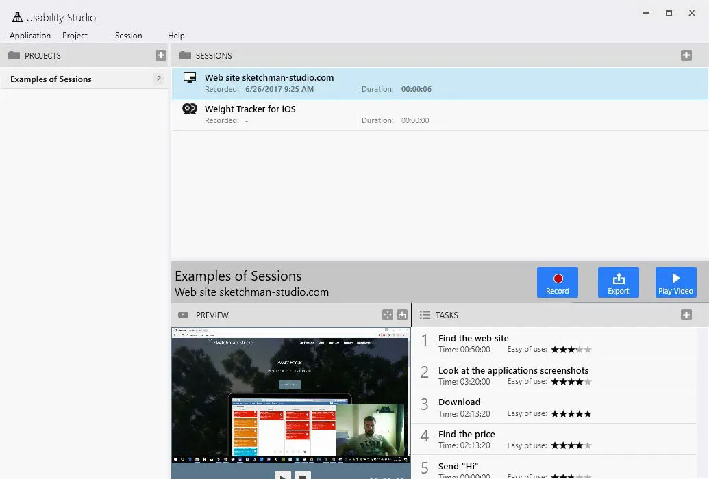 Usability Studio for Windows showing usability research projects, recorded test sessions, participant details, and session status